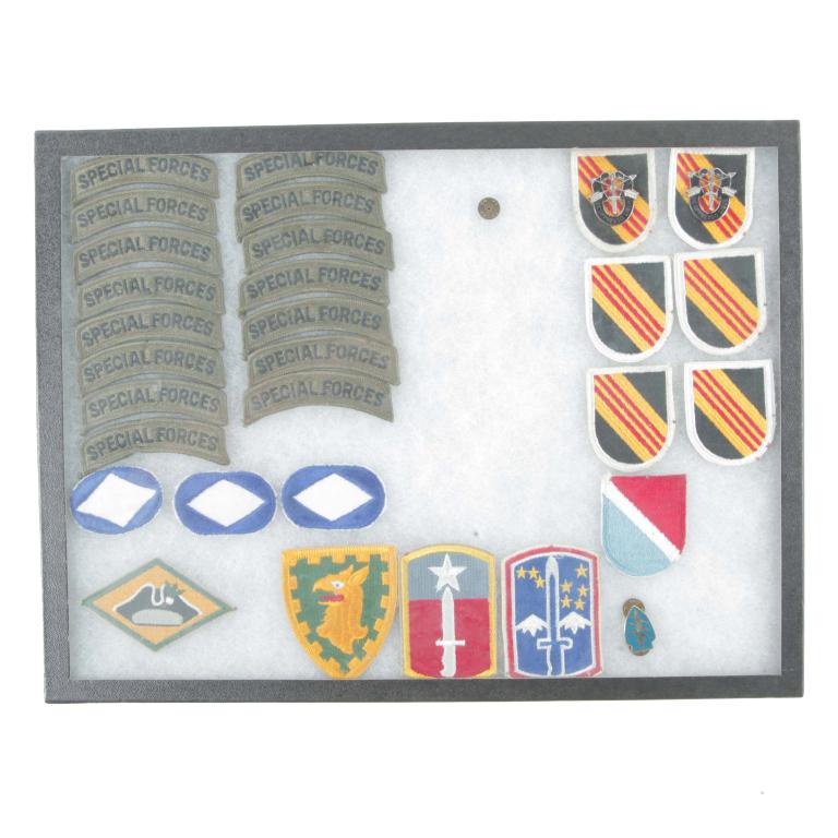RIKER MOUNT WITH 30 SPECIAL FORCES PATCHES: RIKER MOUNT WITH 30 SPECIAL FORCES PATCHES. American.
