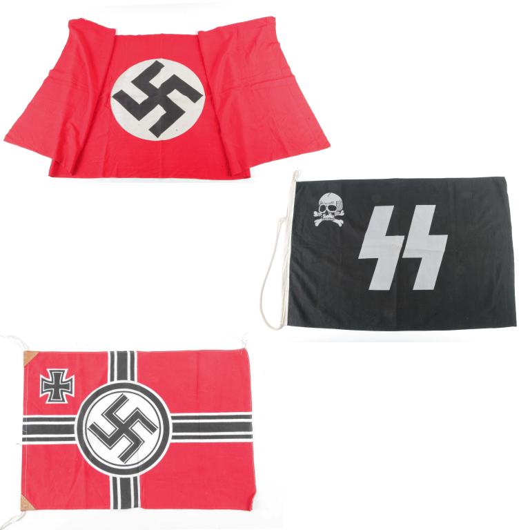 THREE NAZI FLAGS: THREE NAZI FLAGS. German, 20th century. Party banner, 78"h. 29"w. War Ensign, 13.25"h. 19"w. and SS Skull flag, 24"h. 35.75"w.