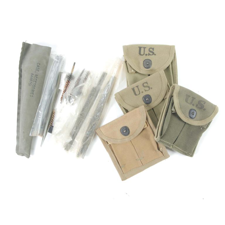 GROUP OF MILITARY ACCOUTREMENTS: GROUP OF MILITARY ACCOUTREMENTS. American, WWII. Four fabric cartridge cases by S. Froehlich Co., dated 1943. A rubberized knife case. And gun cleaning tools.