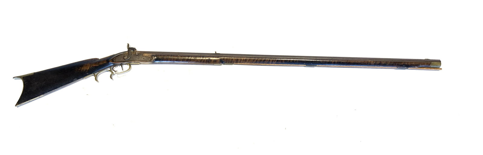 FULL STOCK PERCUSSION LOCK RIFLE: FULL STOCK PERCUSSION LOCK RIFLE. American, mid 19th century. Unmarked octagonal barrel, Lancaster, PA lock, maple stock with considerable repair, brass buttplate, trigger guard, thimbles, and stock e