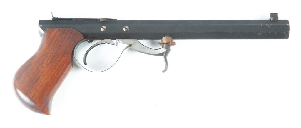 NUMRICH ARMS CO. HOPKINS AND ALLEN UNDER HAMMER PISTOL: NUMRICH ARMS COMPANY REPRODUCTION HOPKINS AND ALLEN UNDER HAMMER .45 CALIBER PISTOL. West Hurley, New York, 20th century. Walnut grips, octagonal blued barrel, and spur trigger. S/n. 90409. Barrel len