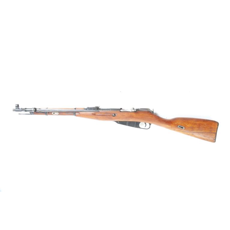 *SOVIET M44 BOLT ACTION 7.62MM CARBINE WITH BAYONET: SOVIET M44 BOLT ACTION 7.62MM CARBINE WITH BAYONET. Russian, date stamped 1946. Hardwood stock, blued receiver and barrel, and side folding bayonet. S/n. A3526. Barrel length, 21”l. 40.5”l. Overal