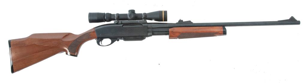*REMINGTON ARMS MODEL 7600 .30-06 PUMP ACTION RIFLE: REMINGTON ARMS MODEL 7600 .30-06 PUMP ACTION RIFLE. American, last quarter-20th century. Detachable magazine, blued finish, and checkered walnut stock. 22" barrel length, 42.5" overall. S/n B8570086. 