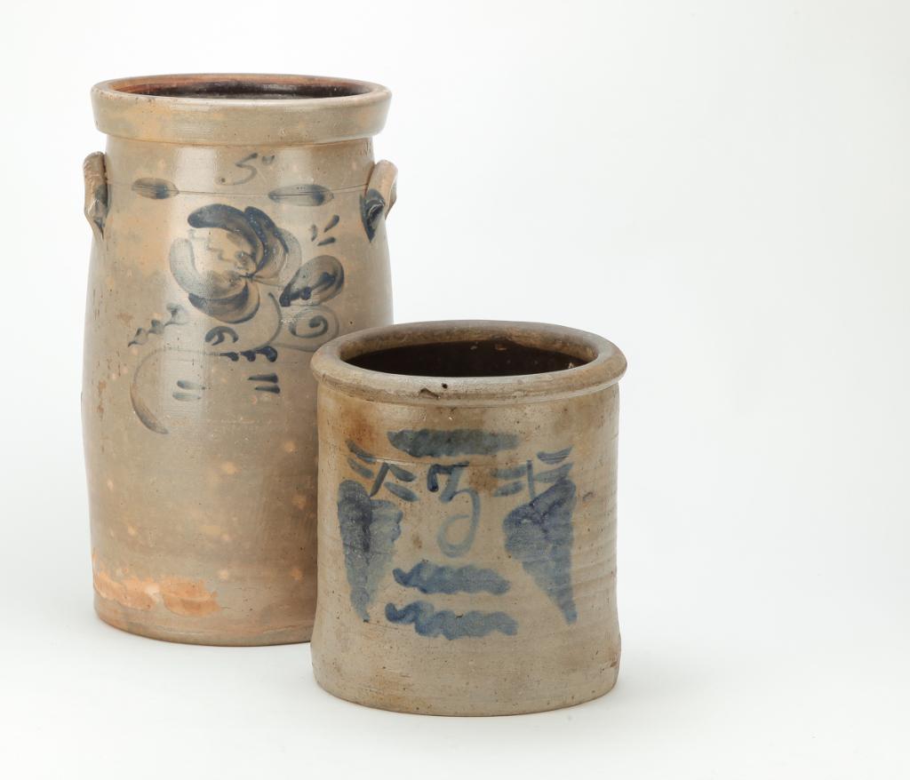 AMERICAN STONEWARE CHURN AND CROCK. (1 of 2)