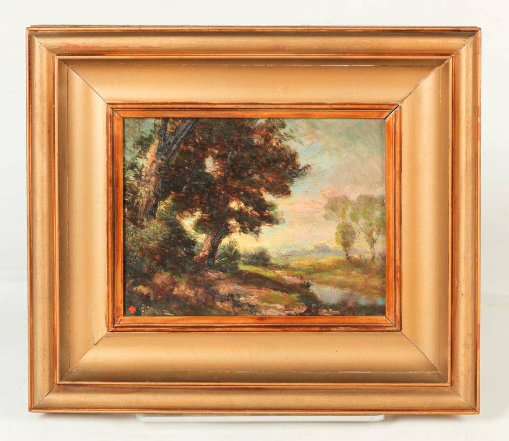 LANDSCAPE PAINTING.: American school, late 19th century. Oil on artist board, illegible signature lower left with red cross symbol. Wooded stream at sunrise. Ohio mailing label on back. 7'h. 9"w., framed, 12.5"h. 14.5"w.
