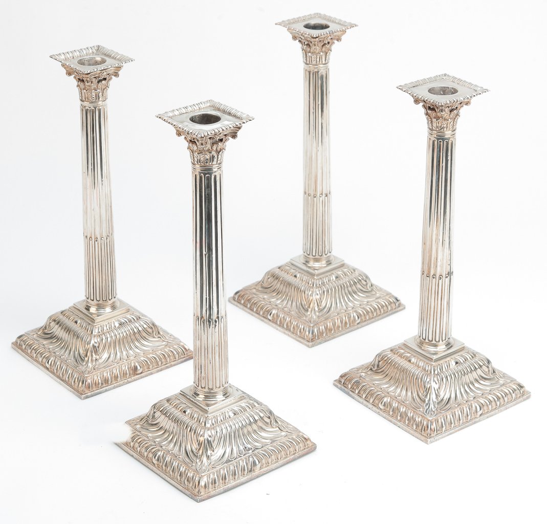 TWO PAIR OF ENGLISH GEORGIAN SILVER CANDLESTICKS. (1 of 2)