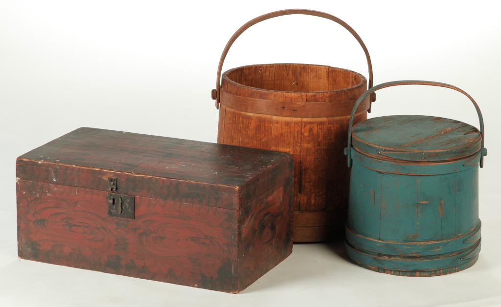 TWO AMERICAN SUGAR BUCKETS AND A TRUNK. (1 of 8)