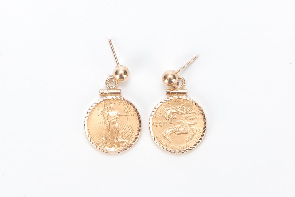 1992 AMERICAN GOLD EAGLE $5 COIN EARRINGS. (1 of 2)
