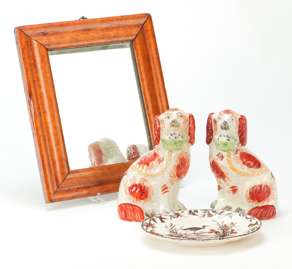THREE PIECES OF STAFFORDSHIRE AND MIRROR.: Third quarter 19th century. English seated spaniels with flower baskets. Repair. 7.5"h. And a Ridgway, Sparks and Ridgway transfer undertray "Indus" pattern with hand painted accents. 8"l. Together wi