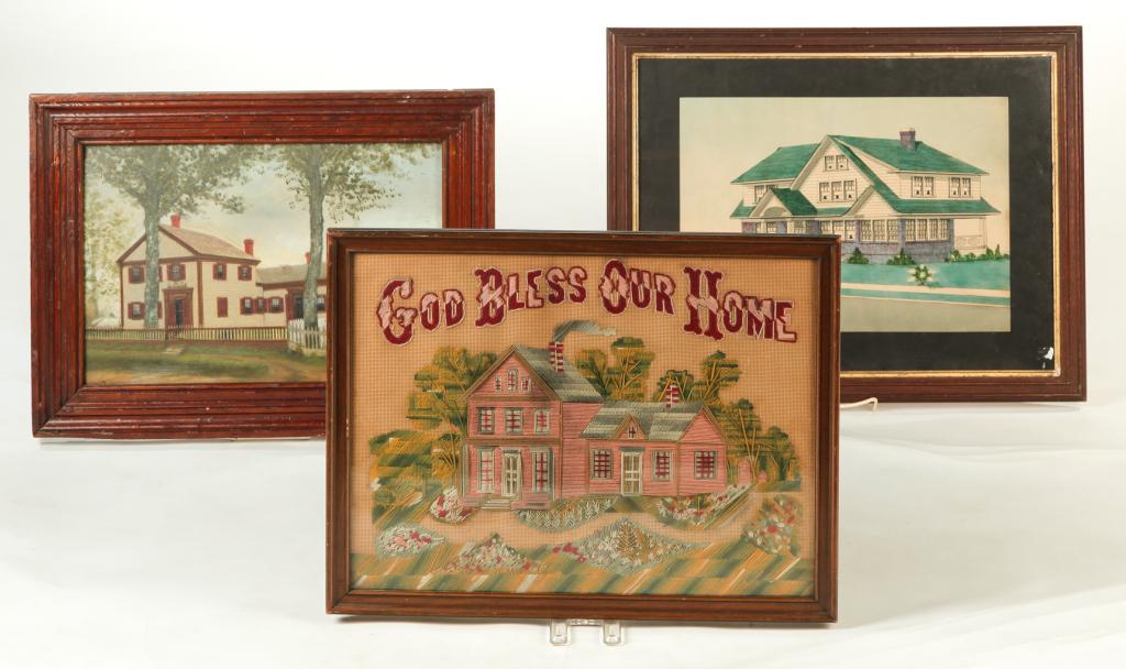 TWO AMERICAN PAINTINGS AND A SAMPLER. (1 of 2)