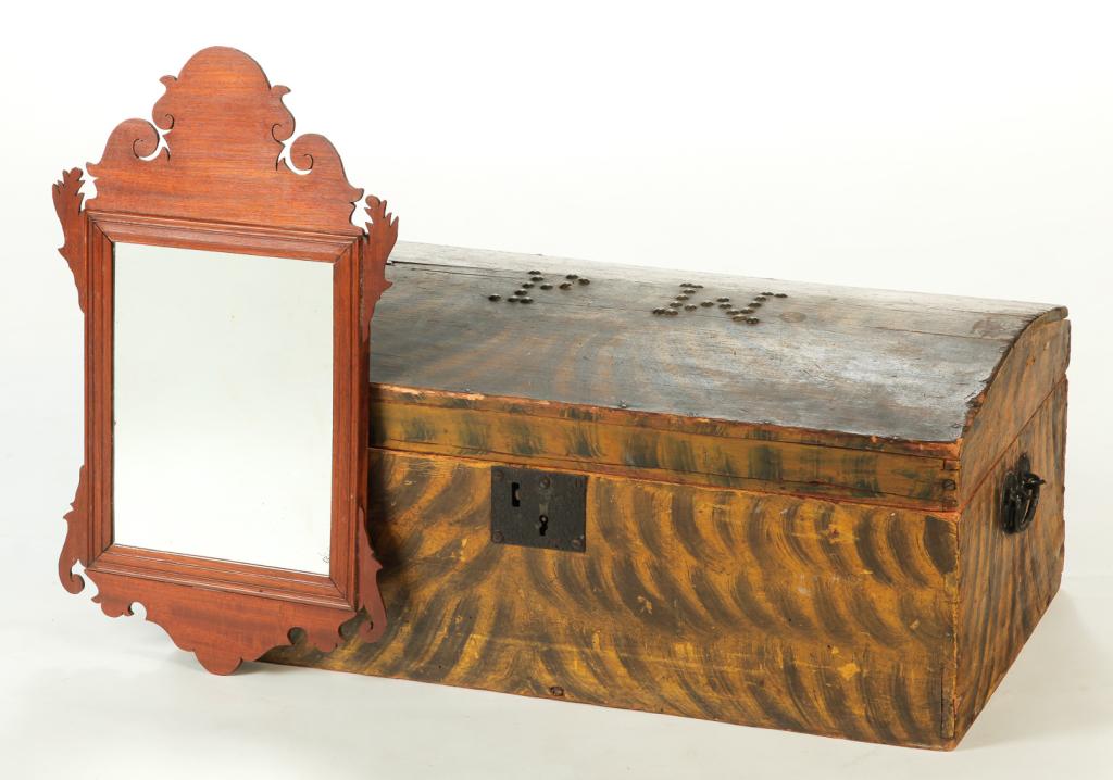 AMERICAN MIRROR AND DECORATED TRUNK. (1 of 8)