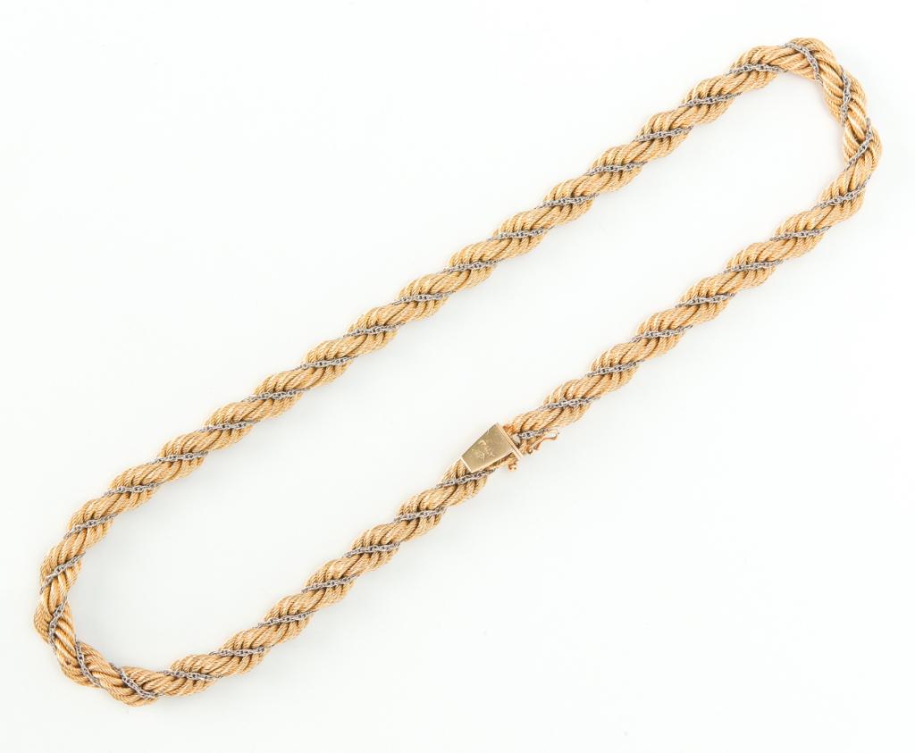 ITALIAN 18 KARAT TWO-TONE GOLD ROPE CHAIN. (1 of 2)