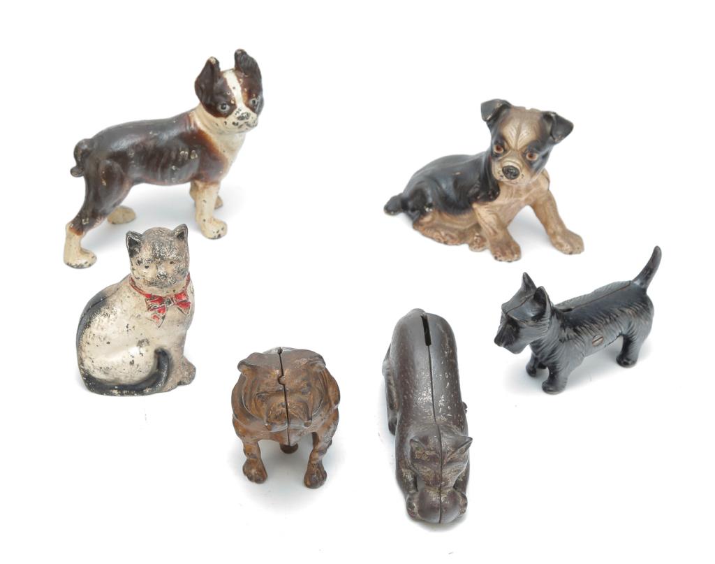 SIX STILL BANKS: FOUR DOGS AND TWO CATS. (1 of 3)