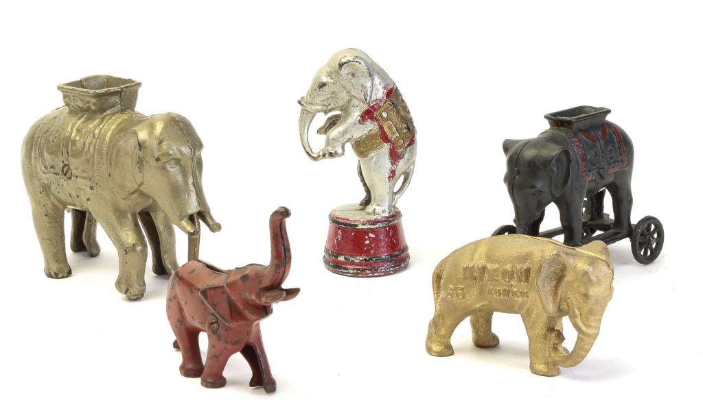 FIVE ELEPHANT-THEMED STILL BANKS. (1 of 3)