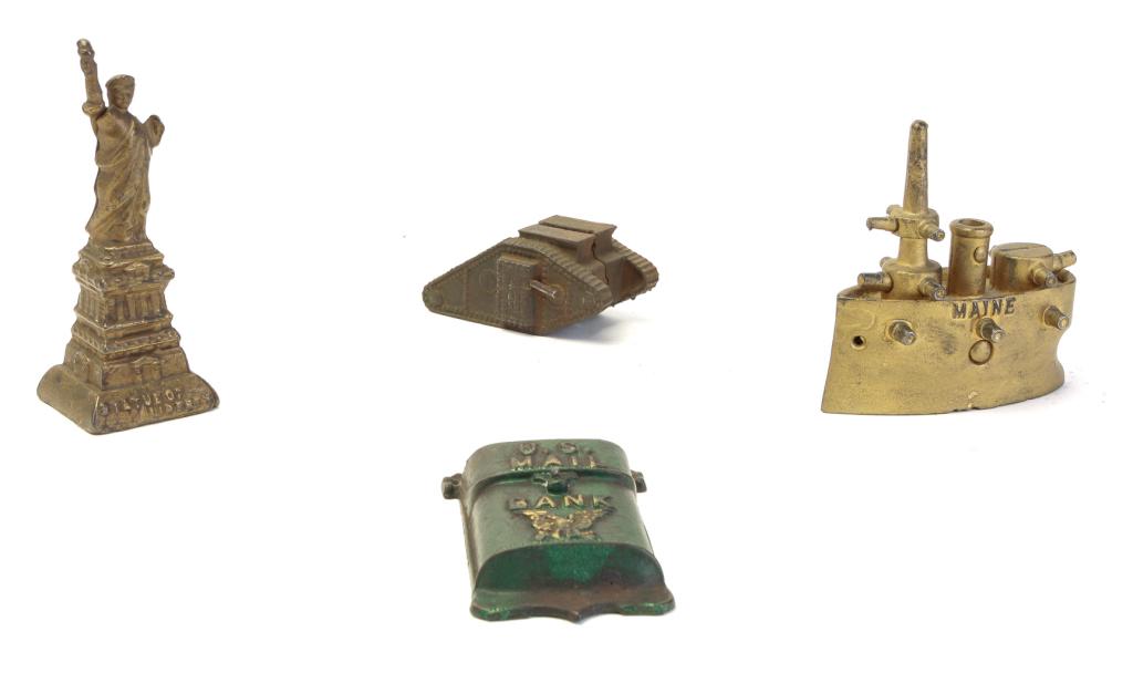 FOUR AMERICAN-THEMED STILL BANKS. (1 of 3)