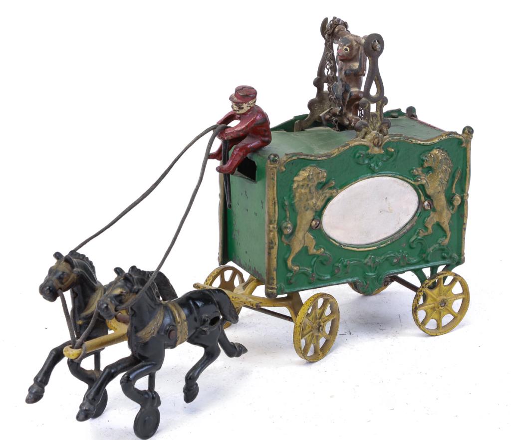 CAST IRON HORSE DRAWN CIRCUS CART WITH MONKEY (1 of 6)