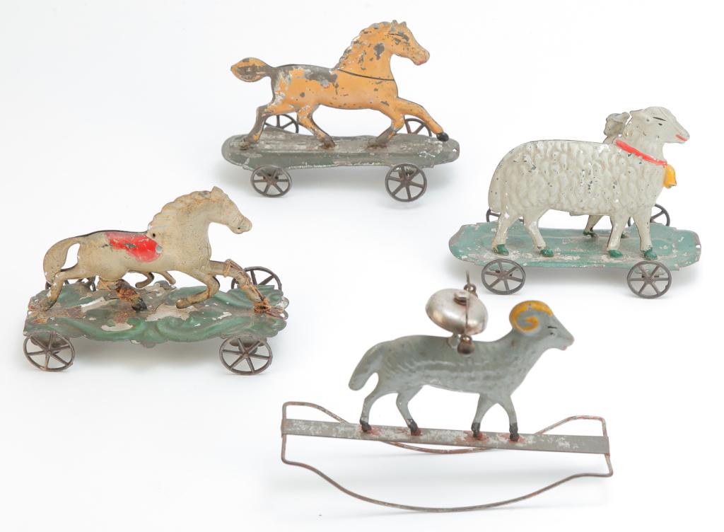 FOUR PAINTED TIN ANIMAL THEMED PULL TOYS (1 of 3)