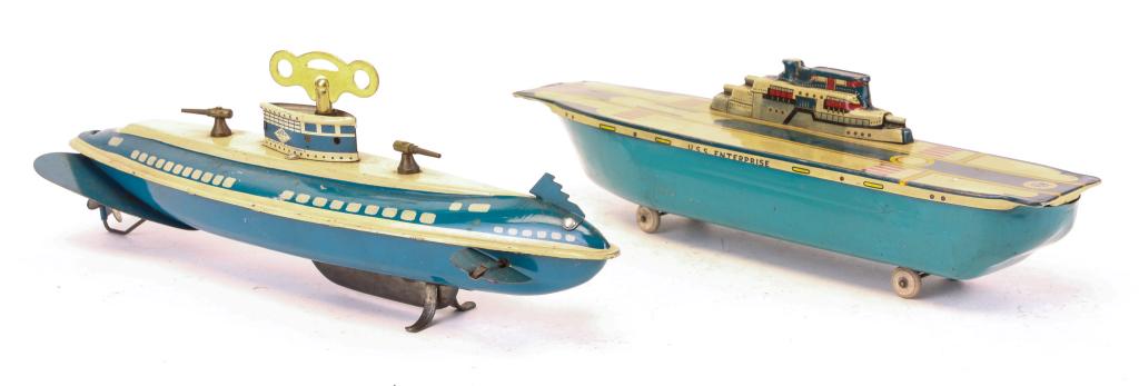 TWO TIN LITHO TOYS- SUBMARINE AND AIRCRAFT CARRIER (1 of 3)