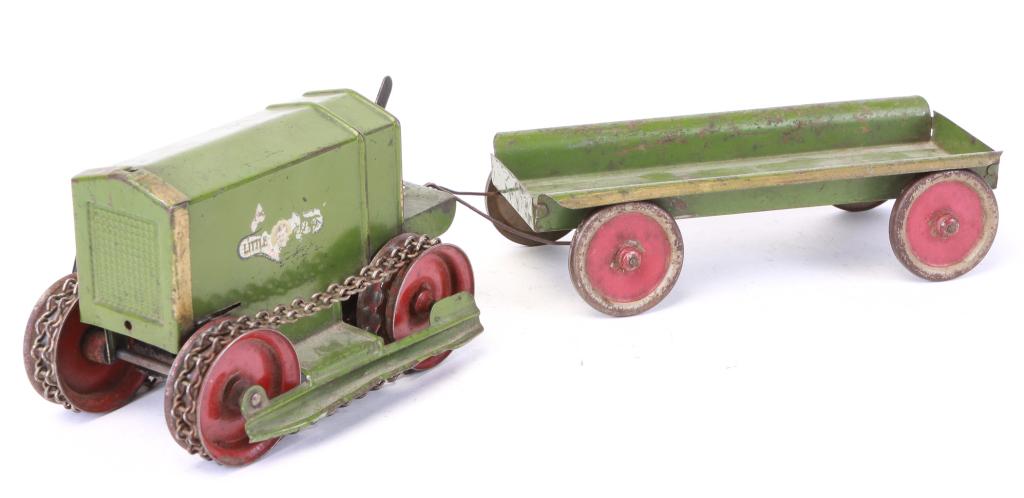 PRESSED STEEL WIND-UP TRACK VEHICLE WITH WAGON (1 of 3)