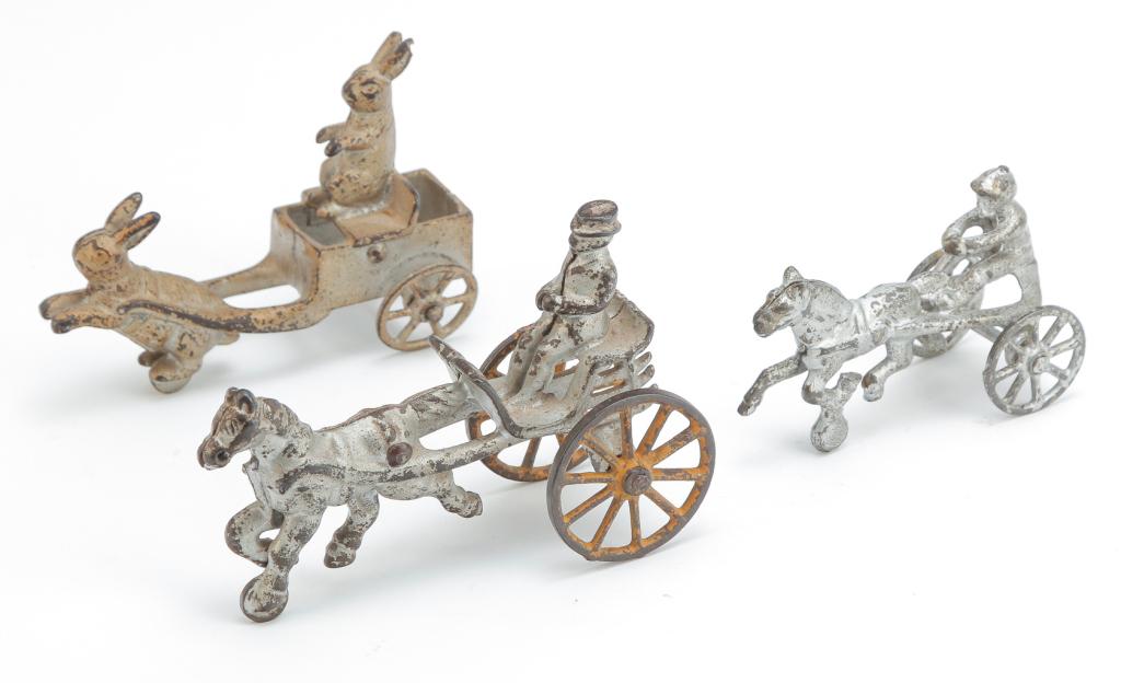 THREE CAST IRON ANIMAL PULLED SULKY TOYS (1 of 3)