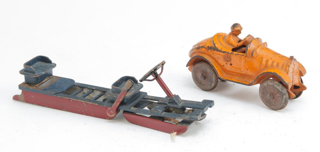 CAST IRON RACE CAR AND PAINTED BRASS TOY SLED (1 of 3)