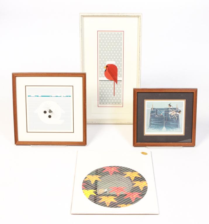 FOUR CHARLEY HARPER PRINTS.: American, 1922-2007. All signed. "Cool Cardinal", 1953/2000, framed 26.5"h. 14.25"w., "White Coat", 165/2000, framed 16.25" x 16.25", "Squirrel in a Squall", 119/1000, unframed, 16" x 16", and"Wrenova