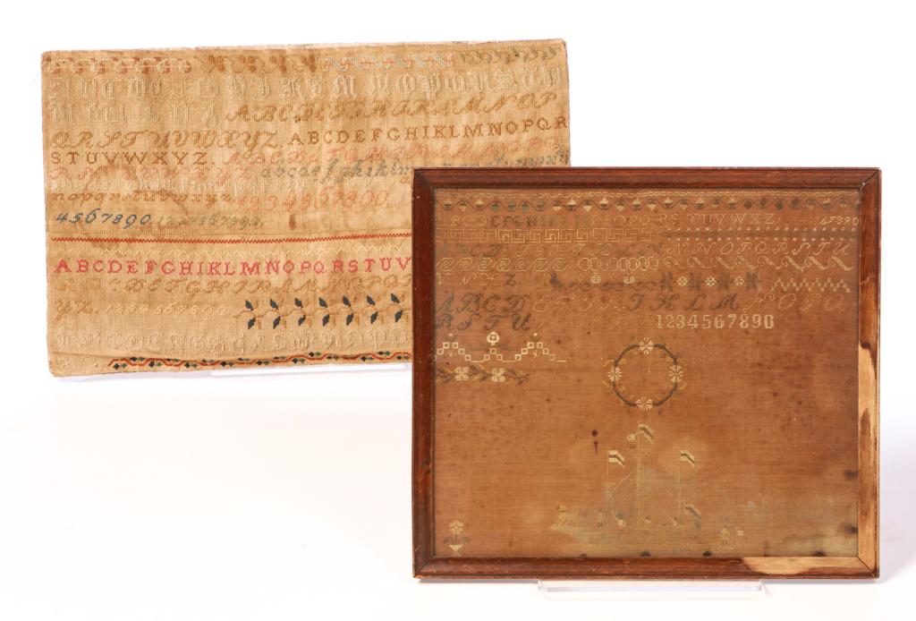 TWO SAMPLERS.: American and English, mid 19th century. Wool on linen alphabets and numbers. Cardboard backing. 13"h. 21"w. And silk on linen with a sailing ship. Framed, 15"h. 17"w. Varying wear.
