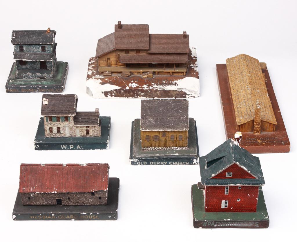 SEVEN AMERICAN WPA BUILDINGS.: Ca. 1930s, plaster. Well detailed and created by the Museum Extension Project. Six are Pennsylvania historic buildings. Daniel Boone birthplace, 5.25"h., William Penn's house, 6"h., Washington's Valle