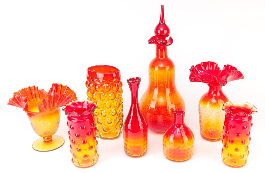 EIGHT PIECES OF AMERICAN BLENKO AMBERINA GLASS.: Second half 20th century. Three have crackle finish; stoppered bottle (chip on stopper tip), 18.5"h., vase with ruffled top, 10.25"h. and footed vase with ruffled top, 8"h. Three pieces with rounded h