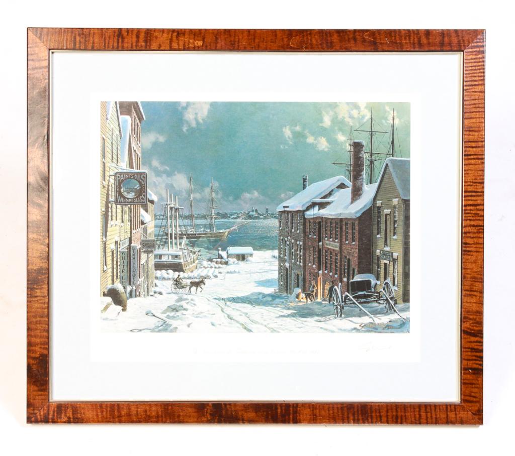 "NEW BEDFORD" PRINT, JOHN STOBART.: Off set lithograph dated 1990, signed and numbered 481/950 lower right. Snowy street scene looking towards the river with whaling ships an Fairhaven in the back. Tiger maple veneer frame, 27"h. 31"w.