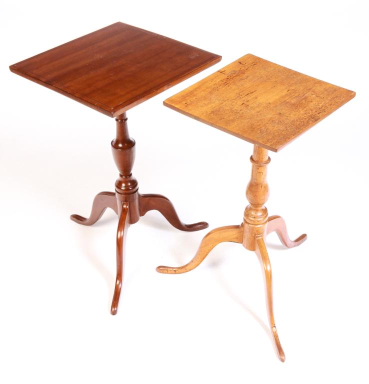 TWO AMERICAN CANDLE STANDS.: First quarter 19th century. Cherry with line inlay on top, vase turned column and snake feet. 27.25"h. 16.5" sq. And birch with baluster turned column and snake feet. Repairs. 27"h. 14.5" sq.