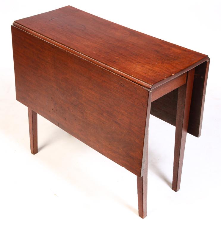 ENGLISH SMALL DROP LEAF TABLE.: First quarter 19th century, mahogany with pine secondary. Tapered legs with swing legs. Imperfections. 27.75"h. 32"w. opens to 41.75" with 14.5" leaves.