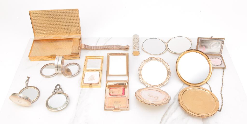 VINTAGE COMPACTS AND ACCESSORIES.: Mid-late 20th century. Group of eleven items including sterling and guillochÃ© enamel purse mirror, guillochÃ© enamel pill box with chain, Stratton compact with enamel, Richard Hudnut compact with