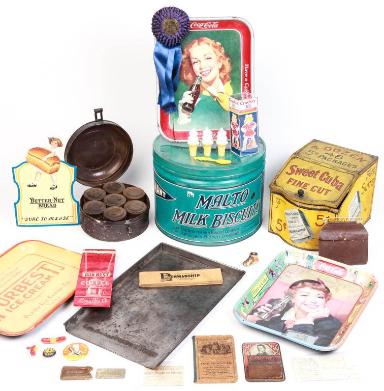 GROUP OF AMERICAN ADVERTISING.: Twentieth century. "Pennant Malto Milk Biscuits" tin, two tin "Coke Trays", "Purbest Ice Cream" tray, "Sweet Cuba Tobacco" tin, "Betty Crocker's Bisquick Baker" tray, round tole box with seven spice t