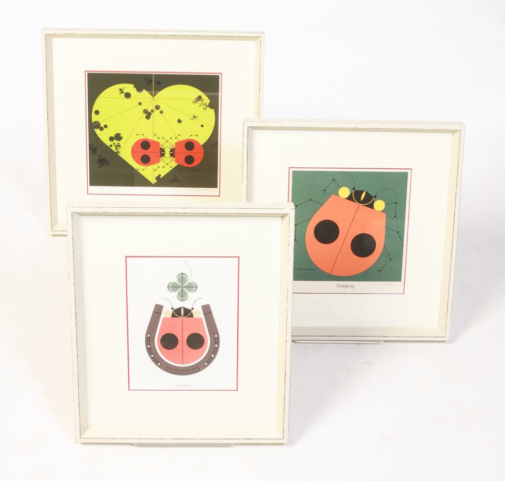 THREE LADY BUG PRINTS, CHARLEY HARPER.: American, 1922-2007. "Lady Bug Lovers", signed and numbered, 234/500, framed, 20.75"h. 20.5"w., "Lady Bug", signed, framed, 19.5"h. 18.75"w. and "Lucky Lady Bug", unsigned, framed.