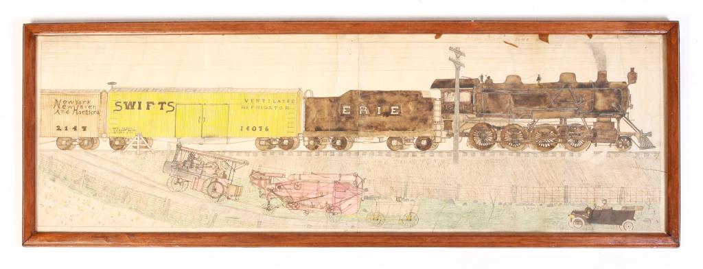 AMERICAN FOLKSY PAINTING OF LOCOMOTIVE.: Watercolor on paper, signed across the top "Louis Griebling Jan. 8, 1911". Erie locomotive, tender and two cars with steam traction engine, thresher, cart and open automobile below. Framed, 13"h. 37.5