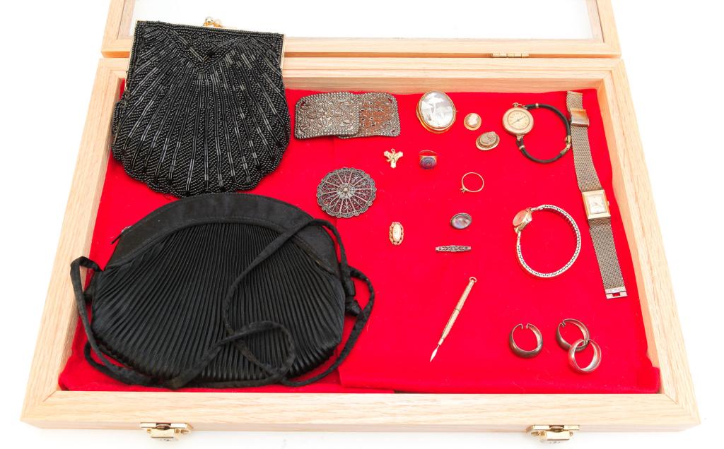 GROUP OF VINTAGE JEWELRY - SOME GOLD & STERLING.: Late 19th - mid-20th century. Group of jewelry and two vintage purses to include: pair of antique cut steel shoe buckles; three sterling hoop earrings; two silver filigree pins; four cameo pieces - on