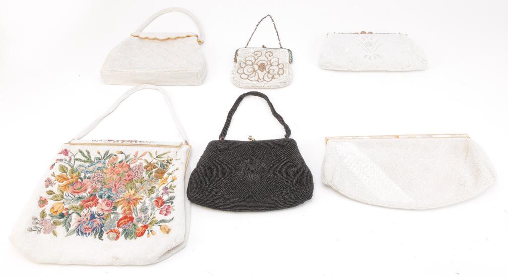 GROUP OF SIX VINTAGE BEADED PURSES.: Early - mid-20th century. Six vintage beaded purses to include: 1930's white beaded embroidered purse made in France for C & M CARON; two white beaded clutches - one with mother of pearl clasp, one ha