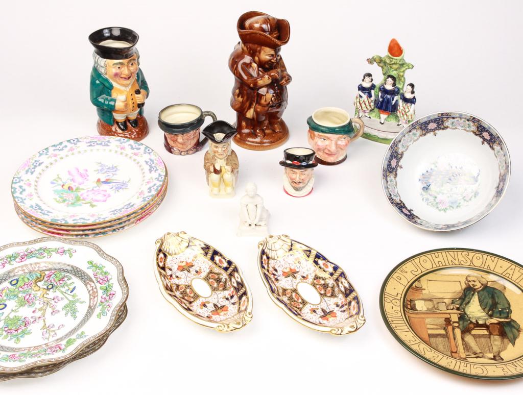 NINETEEN PIECES OF CHINA.: Mostly English, 19th-20th century. Two Davenport "Imari" pattern relish dishs, 9.5"l., 5"d., three Coalport ruffled edge "Indian Tree" pattern plates, 10.25"d., four Minton plates with birds and brigh