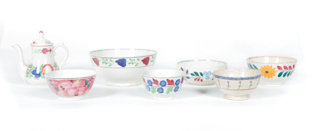 FIFTEEN PIECES OF STICK SPATTER IRONSTONE.: Mostly England, late 19th century. Fourteen bowls in various sizes and patterns. 5"h. 11"d. to 2.5"h. 4.5"d. Some stains, wear and chip. And a Villeroy & Boch coffee pot with repaired finial., 8.5"h.