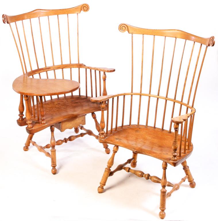 TWO AMERICAN WINDSOR STYLE CHAIRS.: Second half 20th century, oak, pine and maple. Fan backs made by the same hand. Scrolled ears, spindle backs, boldly turned stiles, legs and "H" stretchers with saddle seats. Writing arm with lower do