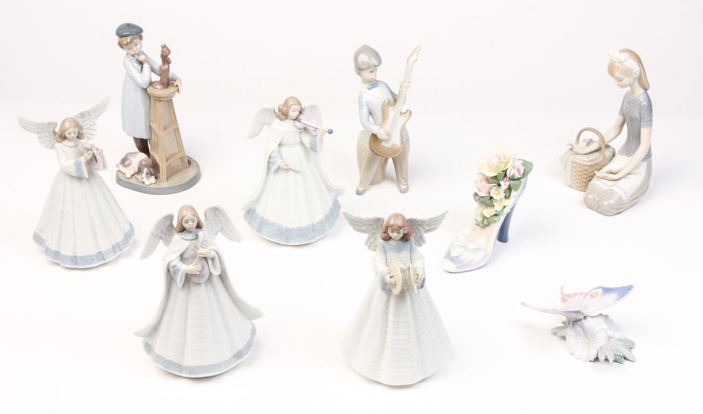 NINE SPANISH LLADROS.: Late 20th century. Four-piece angel band, 7.75"h. and 7.25"h.; girl with basket and dove, 8"h.; "Little Sculptor" #5358, 8.5"h.; boy with guitar and drum, 7.5"h.; slipper, 5"h.; and butterfly, 2.5"h.