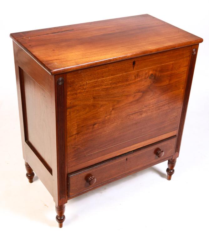 AMERICAN INLAID SHERATON SUGAR CHEST.: Second quarter 19th century, walnut with poplar secondary. Hinged lid, lower dovetailed drawer, paneled end, reeded front stiles with rondels at top and turned legs. Interior modified to hold a tray, 