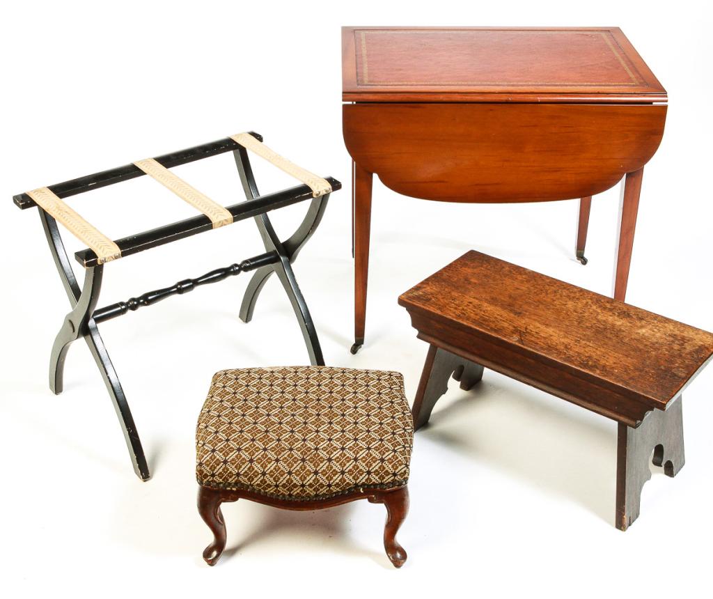 FOUR PIECES OF AMERICAN FURNITURE.: Twentieth century. Cherry Hepplewhite style pembroke table. Top with leather insert and gold tooling, leaves with cut corners, single drawer and tapered legs with brass cup casters. 28"h. 19.5"w. 36.2
