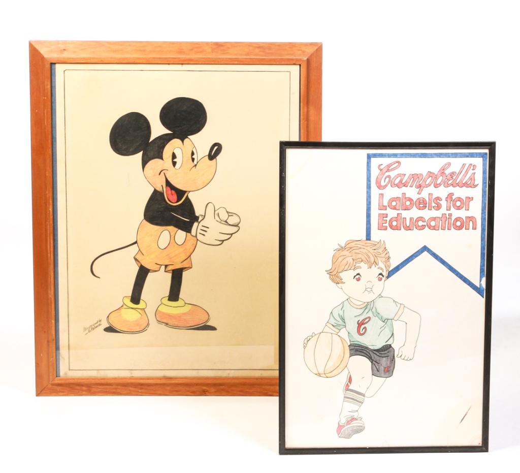 TWO AMERICAN CARTOON DRAWINGS.: Mid 20th century. Mickey Mouse signed lower left "Illustrated by E. Palmer". 45"H. 36"w. And "Campbell's Labels for Education" showing one of the Campbell Kids playing basketball. 36.25"h. 24.25"w.
