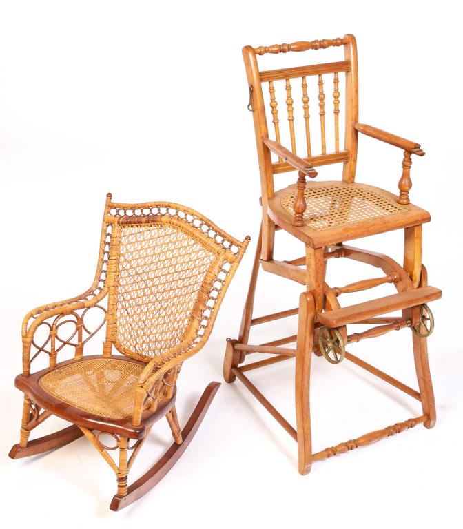 FOUR AMERICAN CHILDREN'S PIECES.: Ca. 1900. Studio Wicker rocker, 10" seat, 23"h., doll cradle with black paint, red and green pinstriping and shaded lettering "Miss Blanche", 9"h. 10"w., 23"l., oak highchair/stroller with turned spin