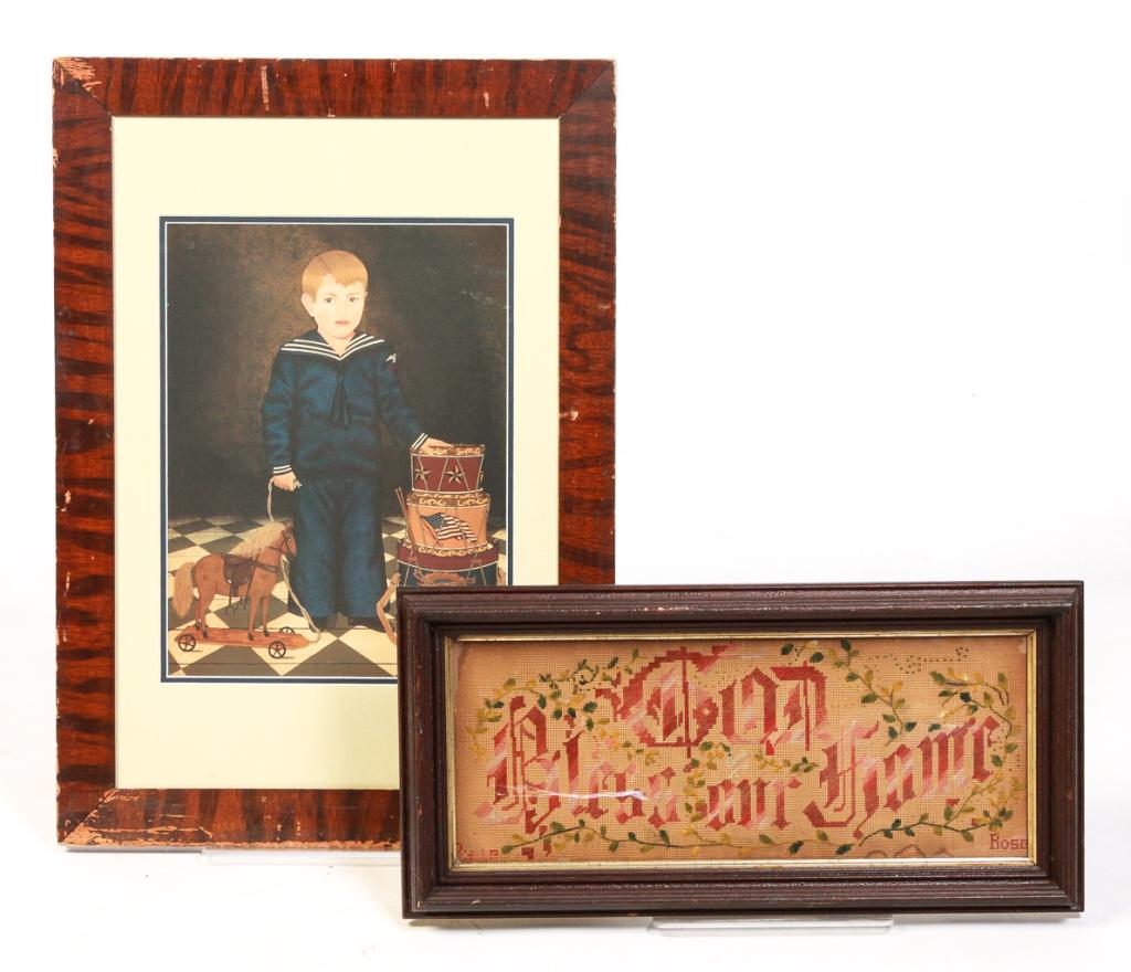 TWO AMERICAN FRAMED PIECES.: Nineteenth century Berlin work sampler "God Bless Our House" in walnut shadowbox frame, 11.25"h. 23"w. And a contemporary print of a boy with toys, 28"h. 20"w.