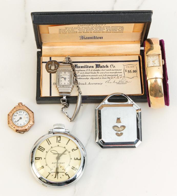 VINTAGE CAMEOS, WATCHES AND MORE.: American and Swiss, 20th century. Three cameo brooches â€“ one in 14K gold mounting; vintage watches including ladies white gold filled Hamilton wristwatch with original box and papers; Ingraham 