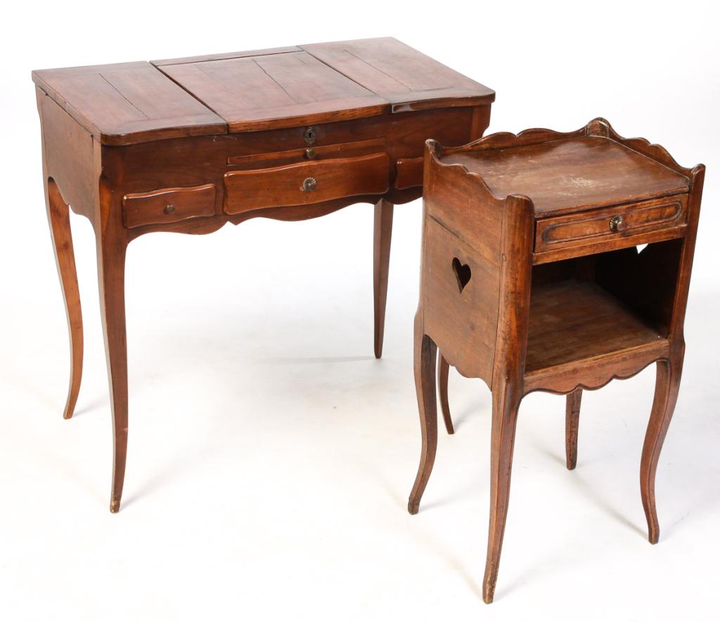 TWO PIECES OF FRENCH PROVINCIAL STYLE FURNITURE.: Twentieth century. Fruitwood dressing table with center fold up mirror in top flanked by two lidded wells., pull out surface, three drawers (left is false), scalloped apron and curved legs. 29"h. 29.2