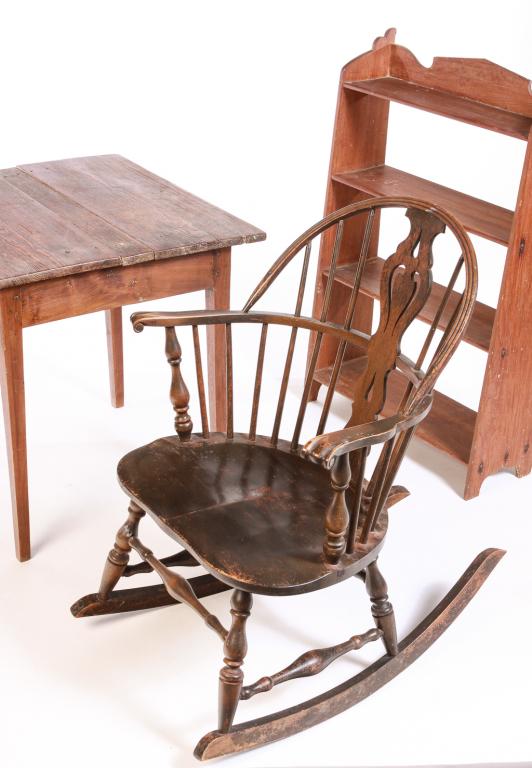 THREE PIECES OF AMERICAN FURNITURE.: Nineteenth-20th century. Hepplewhite ash table with three board top, tapered legs and square nail construction. 27"h. 28"w. 24.25"d., walnut set of shelves, shaped cres and ends, simple cut out feeet,